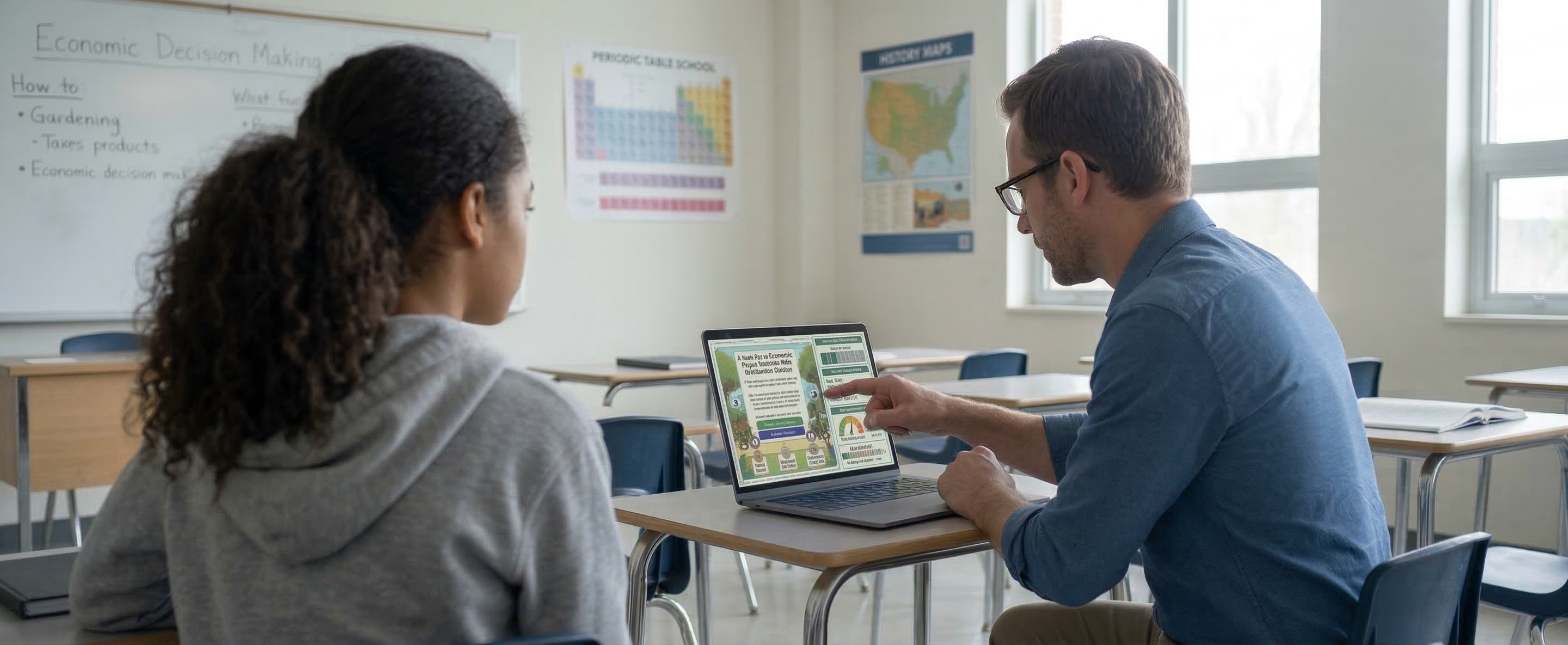 A teacher and student working together with the YUFI financial literacy platform